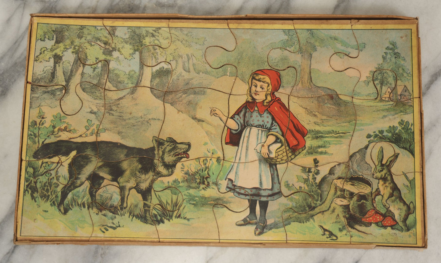 Lot 045 - Antique Little Red Riding Hood Puzzle Box With Three Lithographed Puzzles, Milton Bradley Co., Springfield Massachusetts, Circa 1895, Complete