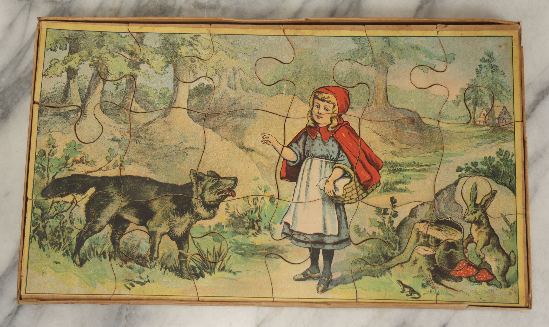 Lot 045 - Antique Little Red Riding Hood Puzzle Box With Three Lithographed Puzzles, Milton Bradley Co., Springfield Massachusetts, Circa 1895, Complete
