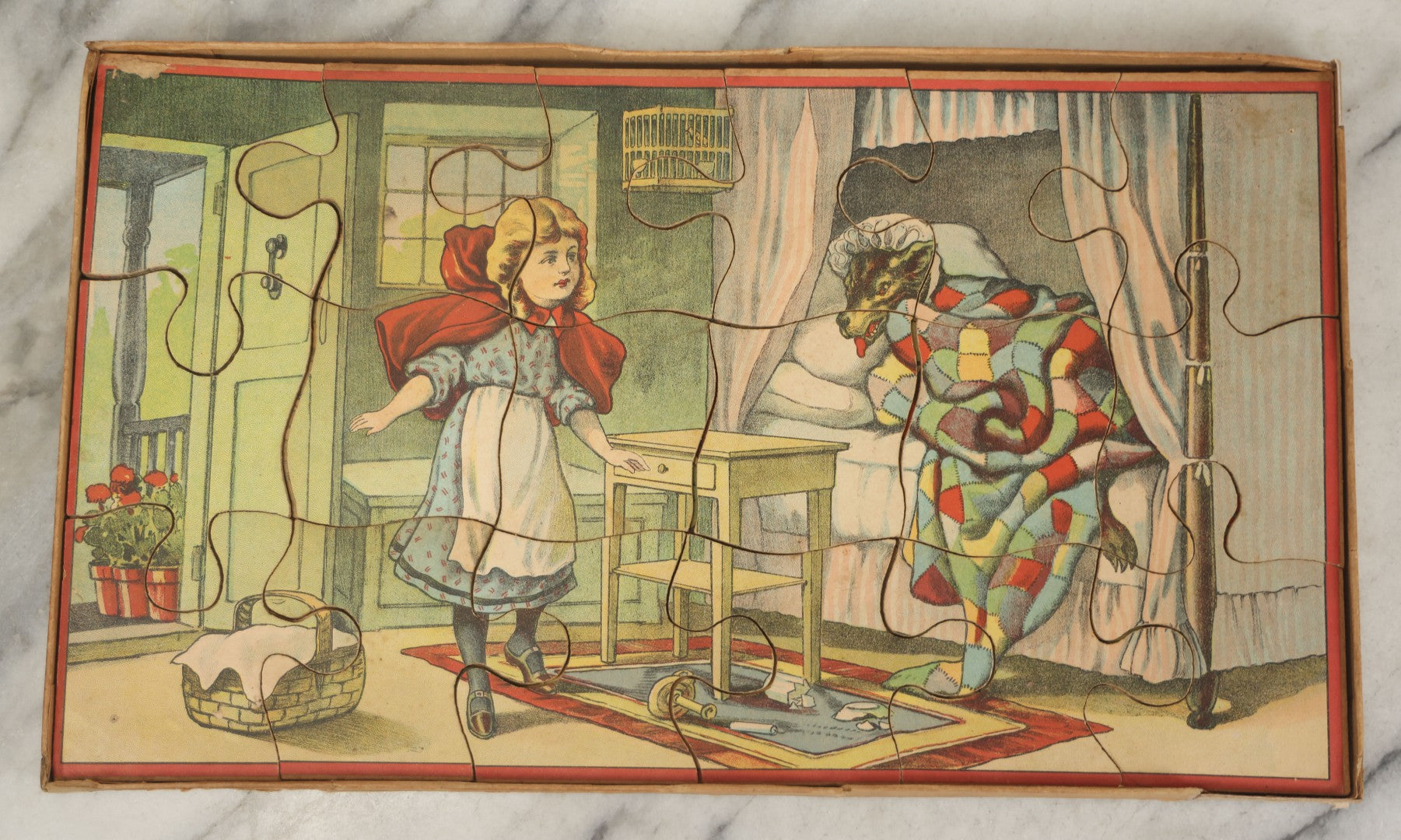 Lot 045 - Antique Little Red Riding Hood Puzzle Box With Three Lithographed Puzzles, Milton Bradley Co., Springfield Massachusetts, Circa 1895, Complete