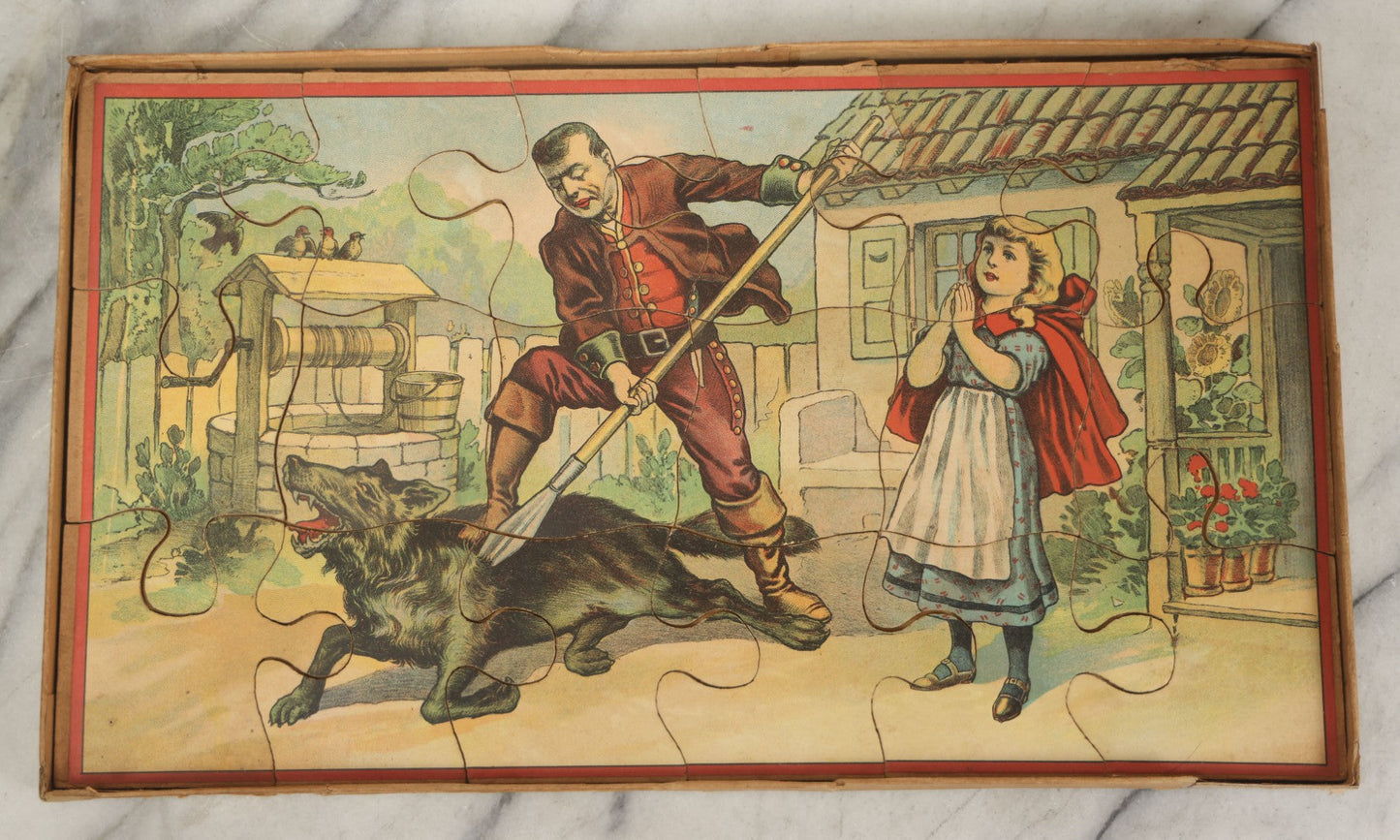 Lot 045 - Antique Little Red Riding Hood Puzzle Box With Three Lithographed Puzzles, Milton Bradley Co., Springfield Massachusetts, Circa 1895, Complete