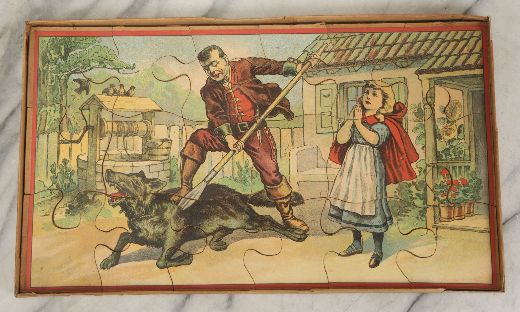 Lot 045 - Antique Little Red Riding Hood Puzzle Box With Three Lithographed Puzzles, Milton Bradley Co., Springfield Massachusetts, Circa 1895, Complete