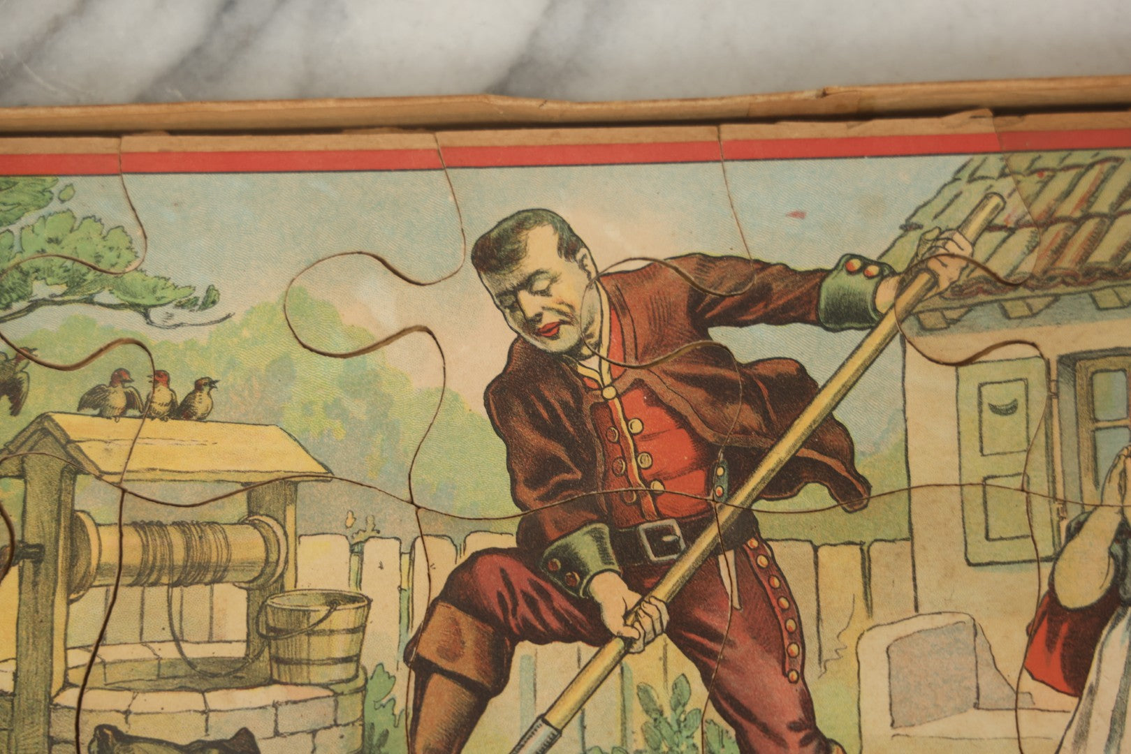 Lot 045 - Antique Little Red Riding Hood Puzzle Box With Three Lithographed Puzzles, Milton Bradley Co., Springfield Massachusetts, Circa 1895, Complete