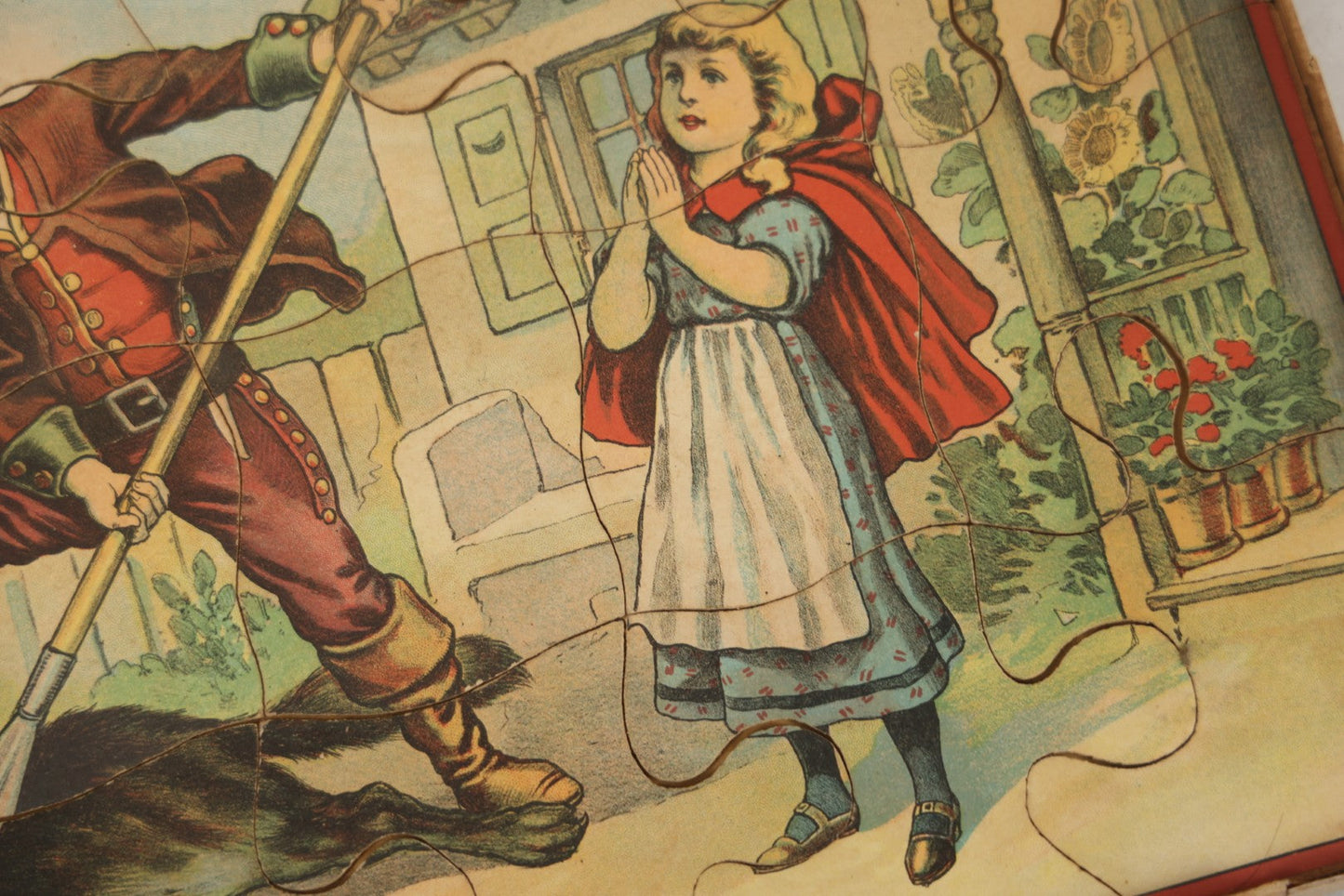 Lot 045 - Antique Little Red Riding Hood Puzzle Box With Three Lithographed Puzzles, Milton Bradley Co., Springfield Massachusetts, Circa 1895, Complete