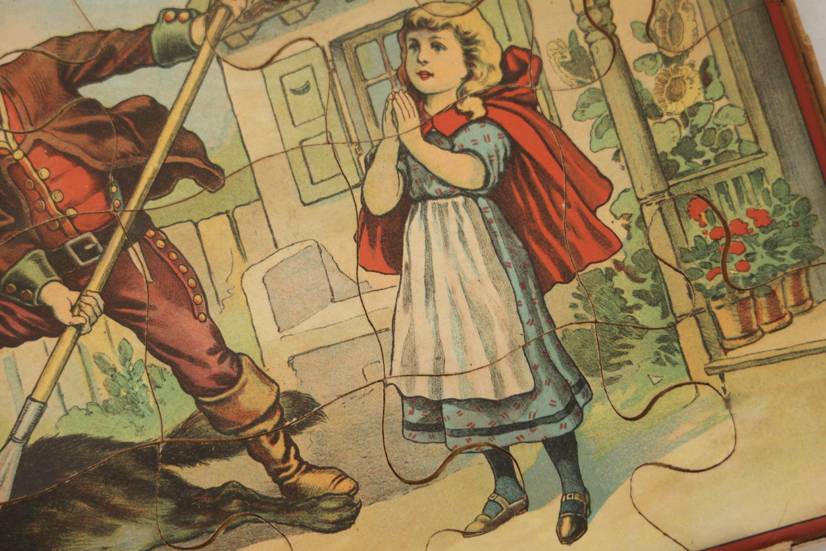 Lot 045 - Antique Little Red Riding Hood Puzzle Box With Three Lithographed Puzzles, Milton Bradley Co., Springfield Massachusetts, Circa 1895, Complete