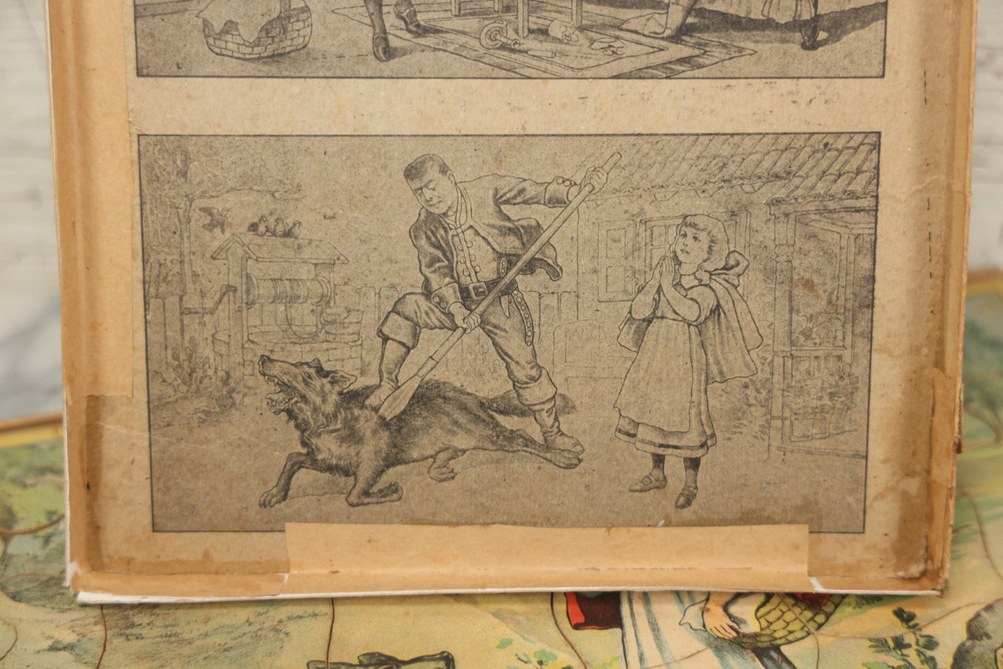 Lot 045 - Antique Little Red Riding Hood Puzzle Box With Three Lithographed Puzzles, Milton Bradley Co., Springfield Massachusetts, Circa 1895, Complete