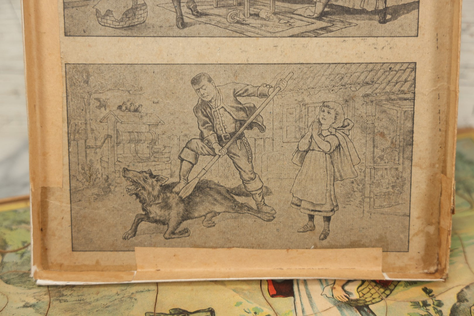 Lot 045 - Antique Little Red Riding Hood Puzzle Box With Three Lithographed Puzzles, Milton Bradley Co., Springfield Massachusetts, Circa 1895, Complete