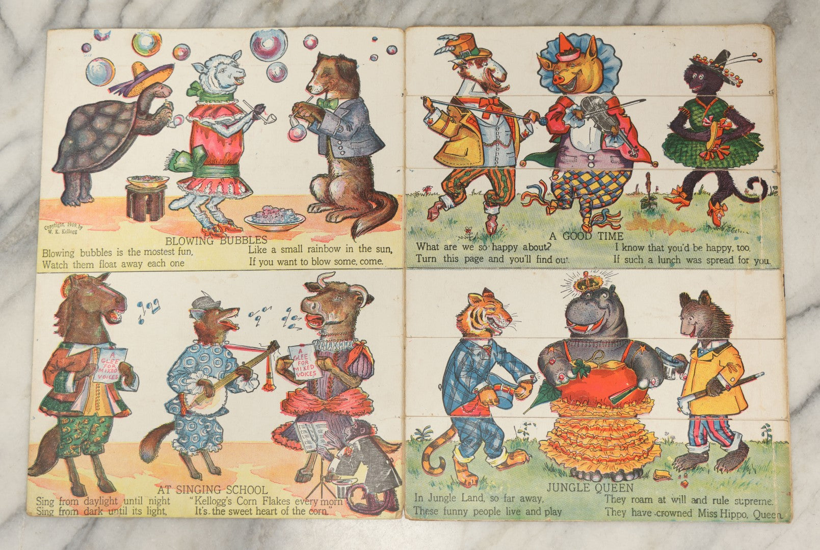 Lot 047 - Antique Kellogg's Cereal Advertising Book, "Funny Jungleland Moving Pictures" With Anthropomorphic Animals, Pages Flip To MIX And Match Heads, Outfits, Bodies, Copyright 1909 By W.K. Kellogg, Battle Creek, Michigan 