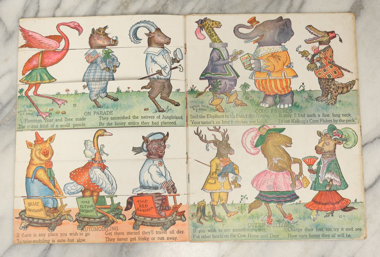 Lot 047 - Antique Kellogg's Cereal Advertising Book, "Funny Jungleland Moving Pictures" With Anthropomorphic Animals, Pages Flip To MIX And Match Heads, Outfits, Bodies, Copyright 1909 By W.K. Kellogg, Battle Creek, Michigan 