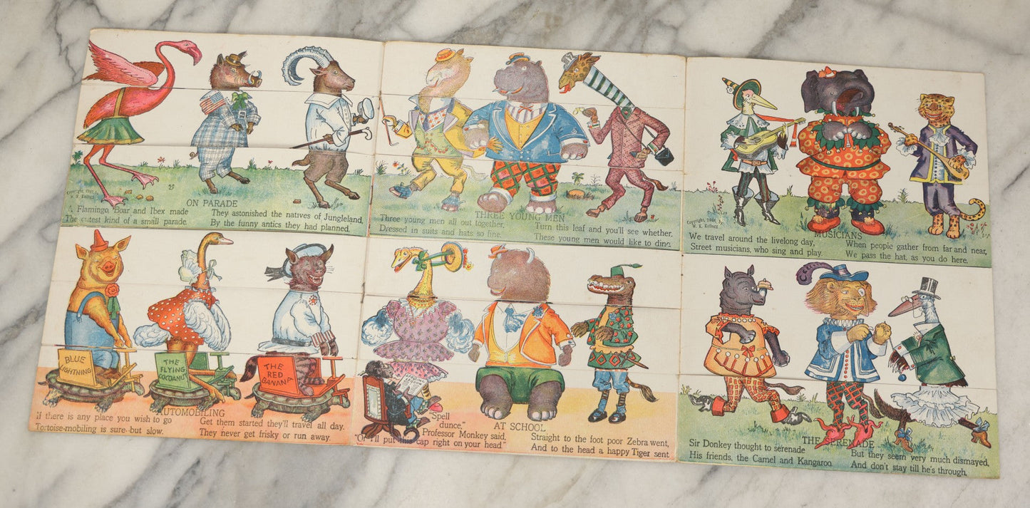 Lot 047 - Antique Kellogg's Cereal Advertising Book, "Funny Jungleland Moving Pictures" With Anthropomorphic Animals, Pages Flip To MIX And Match Heads, Outfits, Bodies, Copyright 1909 By W.K. Kellogg, Battle Creek, Michigan 