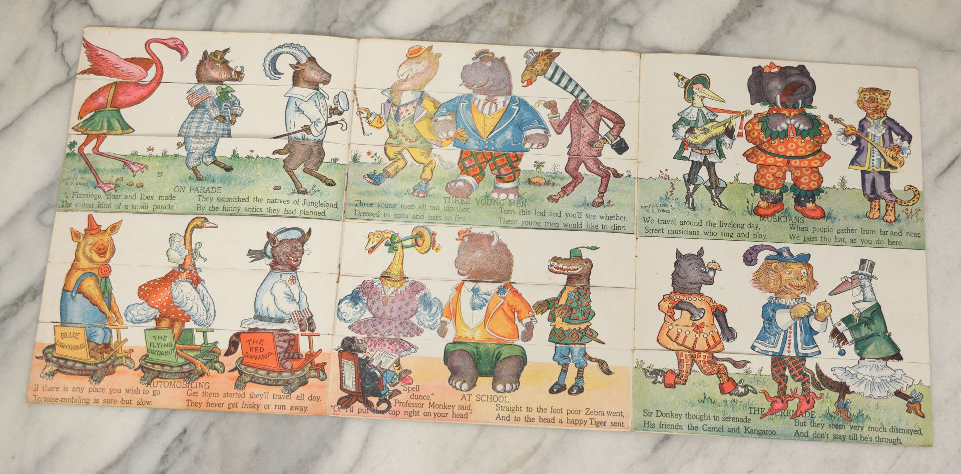 Lot 047 - Antique Kellogg's Cereal Advertising Book, "Funny Jungleland Moving Pictures" With Anthropomorphic Animals, Pages Flip To MIX And Match Heads, Outfits, Bodies, Copyright 1909 By W.K. Kellogg, Battle Creek, Michigan 