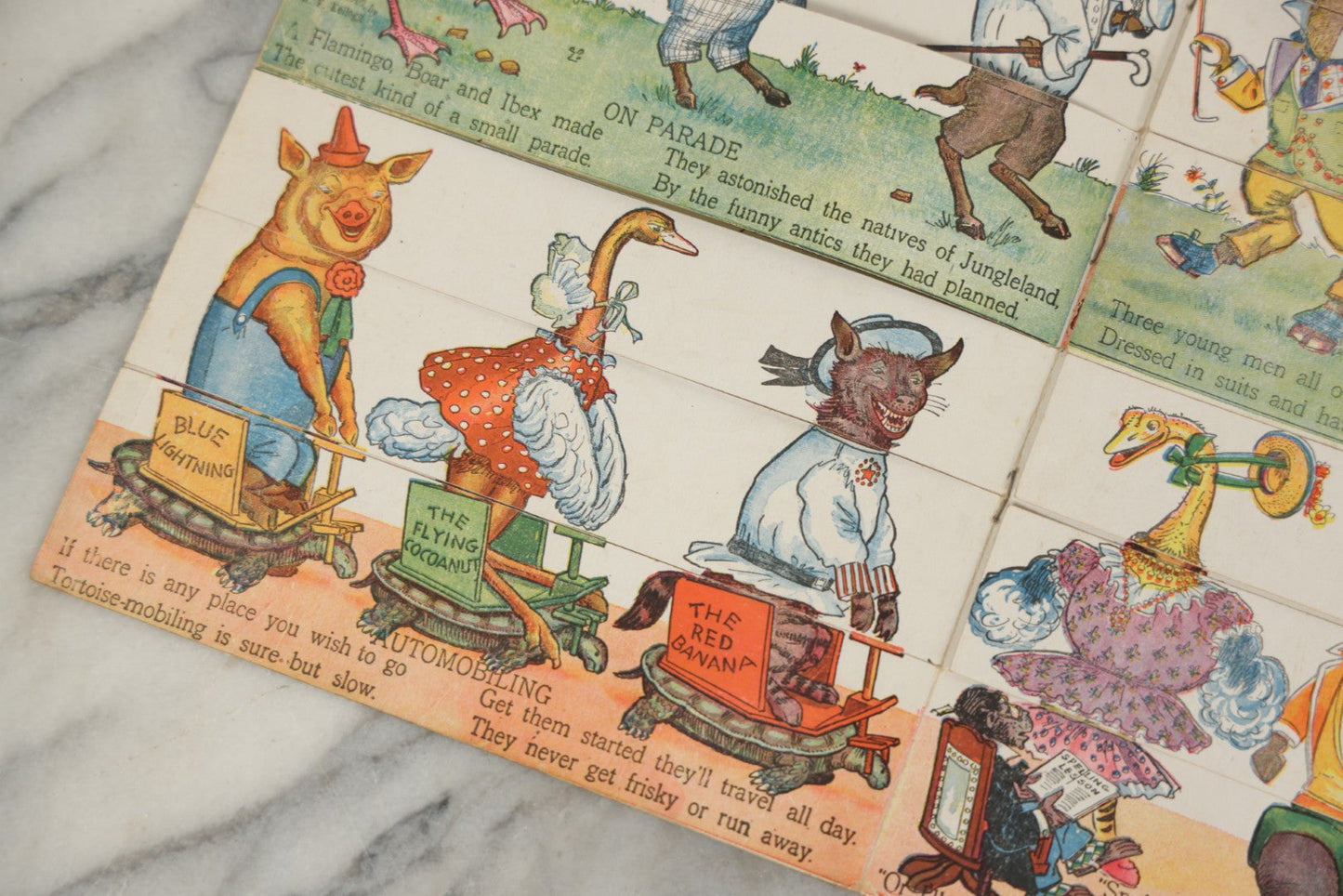 Lot 047 - Antique Kellogg's Cereal Advertising Book, "Funny Jungleland Moving Pictures" With Anthropomorphic Animals, Pages Flip To MIX And Match Heads, Outfits, Bodies, Copyright 1909 By W.K. Kellogg, Battle Creek, Michigan 