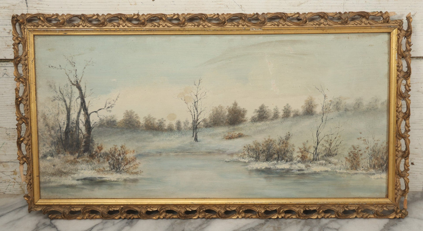 Lot 054 - Antique Oil On Board Landscape Painting Depicting Winter Scene With Trees And River Scene In Gilt Frame, 22-1/8" x 11-5/8"