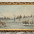 Lot 054 - Antique Oil On Board Landscape Painting Depicting Winter Scene With Trees And River Scene In Gilt Frame, 22-1/8" x 11-5/8"