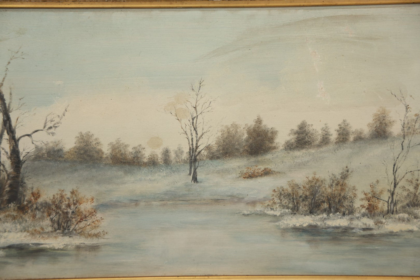 Lot 054 - Antique Oil On Board Landscape Painting Depicting Winter Scene With Trees And River Scene In Gilt Frame, 22-1/8" x 11-5/8"