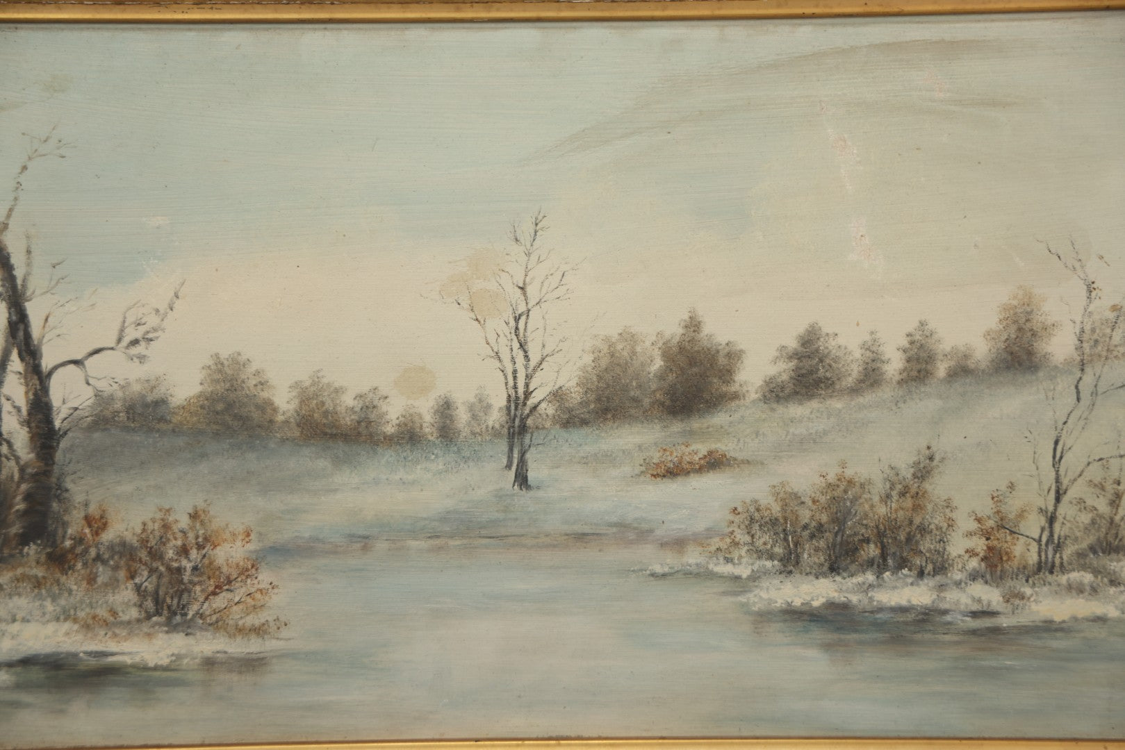 Lot 054 - Antique Oil On Board Landscape Painting Depicting Winter Scene With Trees And River Scene In Gilt Frame, 22-1/8" x 11-5/8"