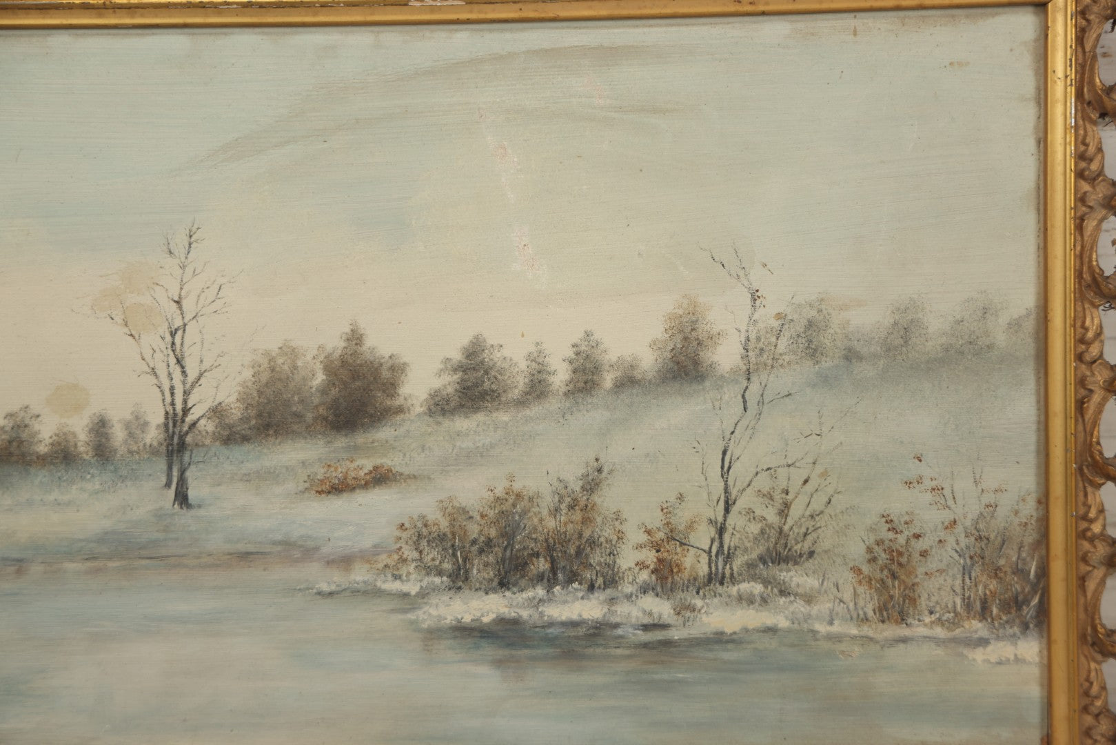 Lot 054 - Antique Oil On Board Landscape Painting Depicting Winter Scene With Trees And River Scene In Gilt Frame, 22-1/8" x 11-5/8"