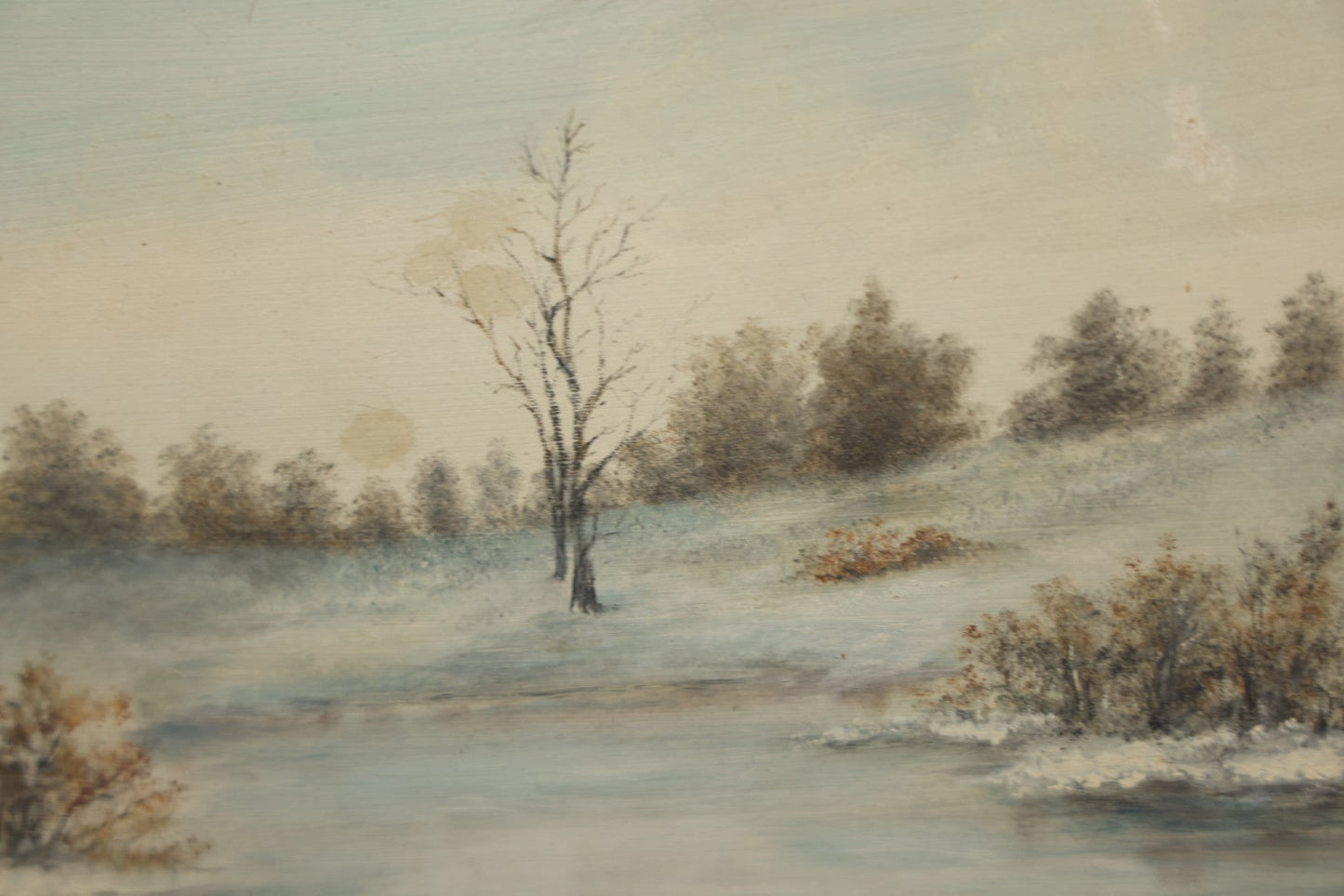 Lot 054 - Antique Oil On Board Landscape Painting Depicting Winter Scene With Trees And River Scene In Gilt Frame, 22-1/8" x 11-5/8"