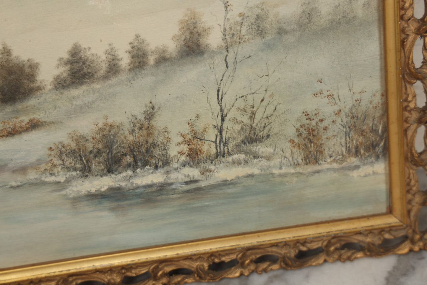 Lot 054 - Antique Oil On Board Landscape Painting Depicting Winter Scene With Trees And River Scene In Gilt Frame, 22-1/8" x 11-5/8"