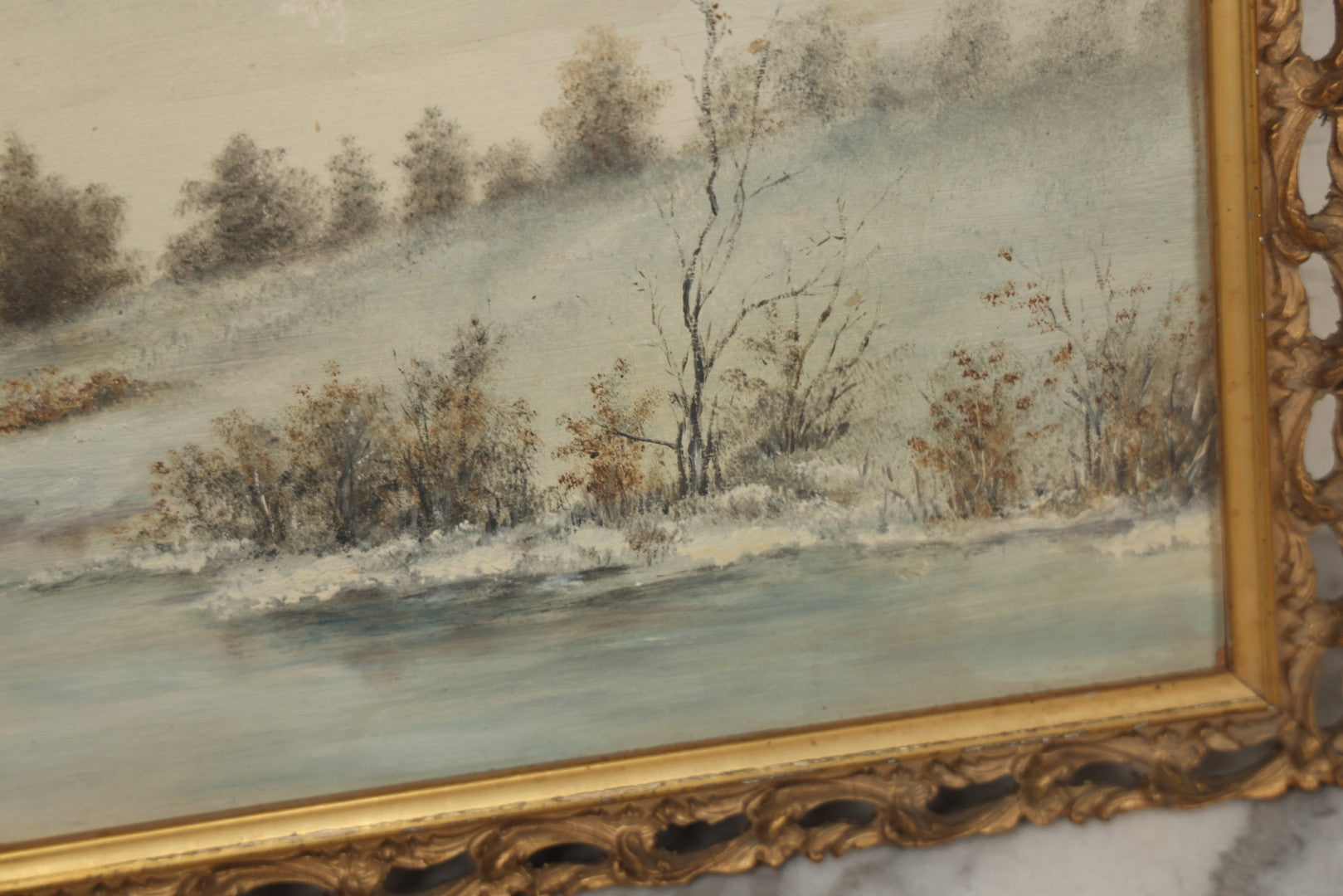 Lot 054 - Antique Oil On Board Landscape Painting Depicting Winter Scene With Trees And River Scene In Gilt Frame, 22-1/8" x 11-5/8"