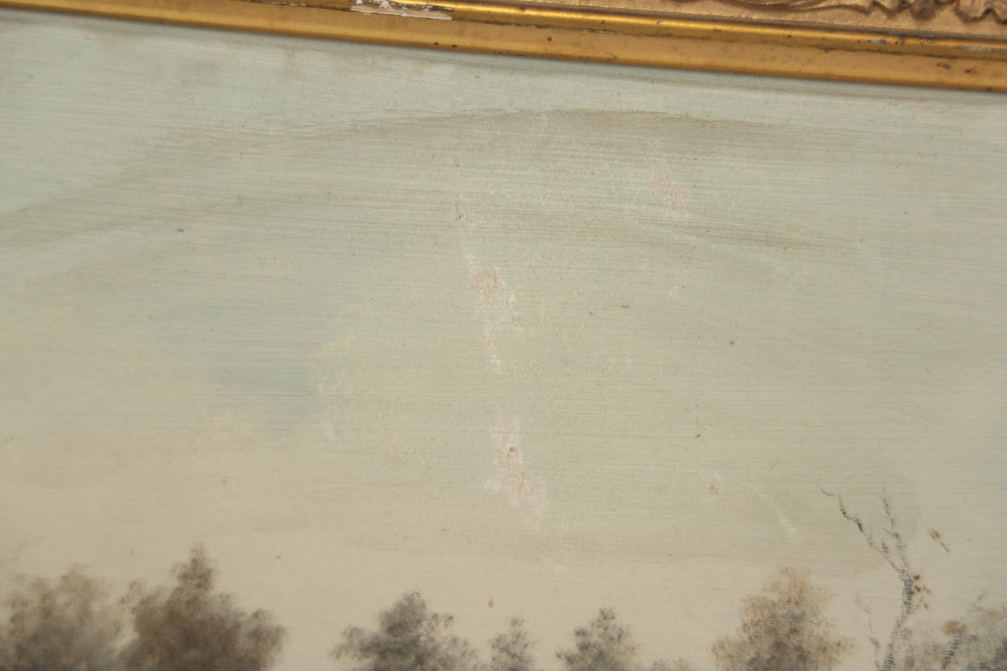 Lot 054 - Antique Oil On Board Landscape Painting Depicting Winter Scene With Trees And River Scene In Gilt Frame, 22-1/8" x 11-5/8"