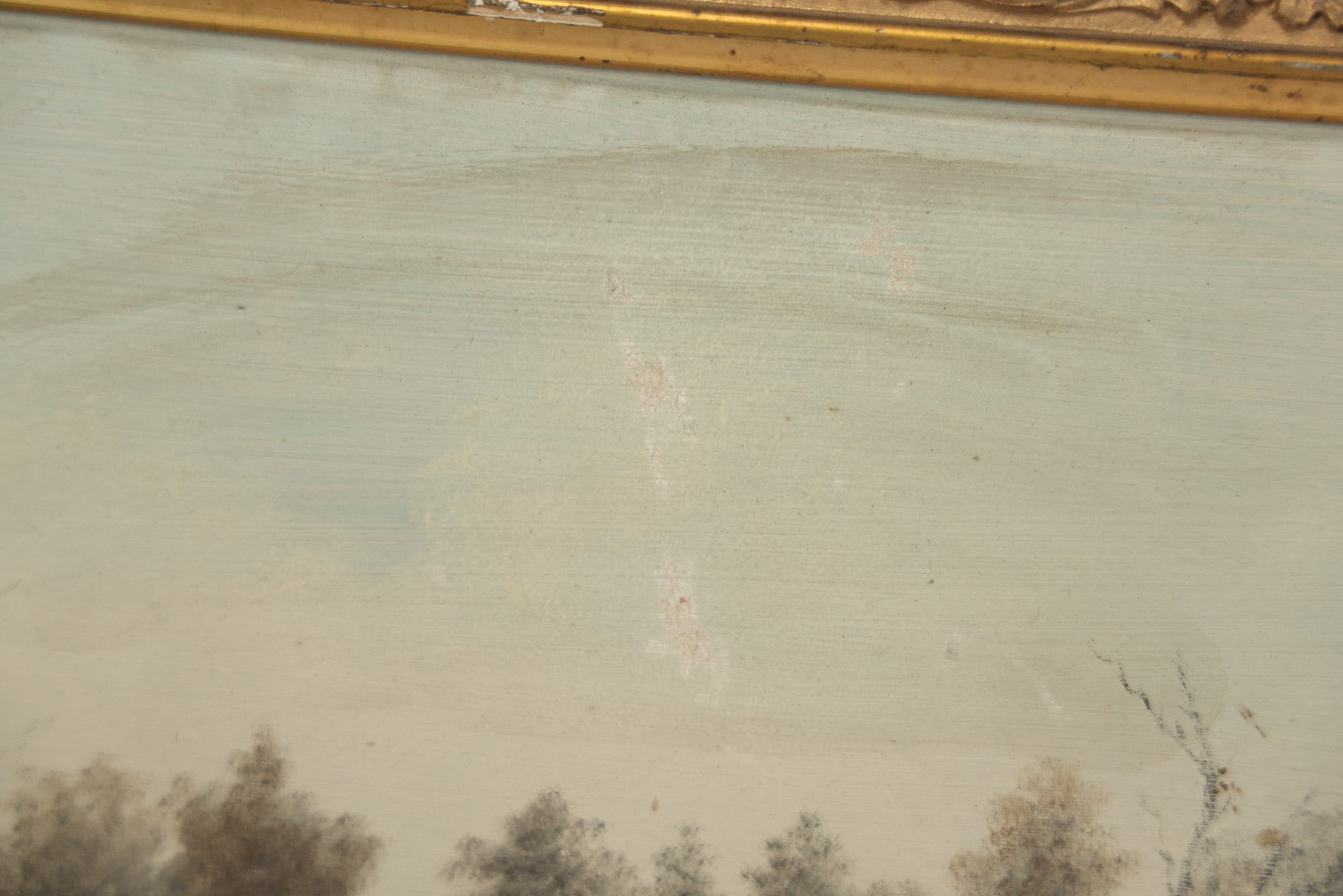 Lot 054 - Antique Oil On Board Landscape Painting Depicting Winter Scene With Trees And River Scene In Gilt Frame, 22-1/8" x 11-5/8"