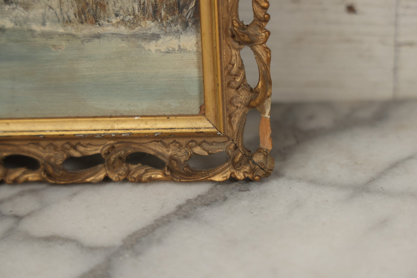 Lot 054 - Antique Oil On Board Landscape Painting Depicting Winter Scene With Trees And River Scene In Gilt Frame, 22-1/8" x 11-5/8"