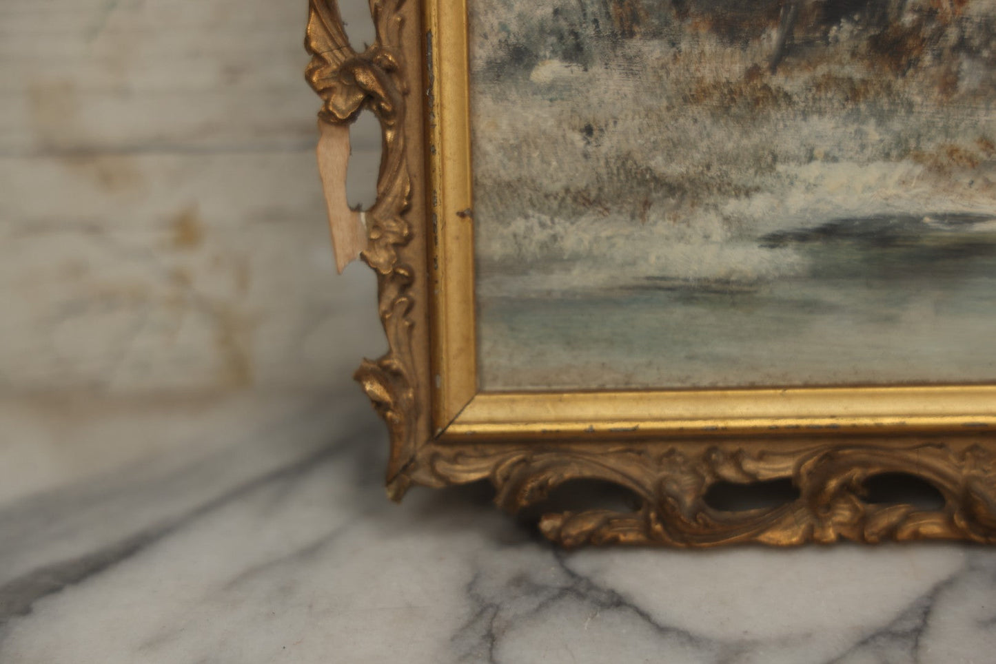 Lot 054 - Antique Oil On Board Landscape Painting Depicting Winter Scene With Trees And River Scene In Gilt Frame, 22-1/8" x 11-5/8"