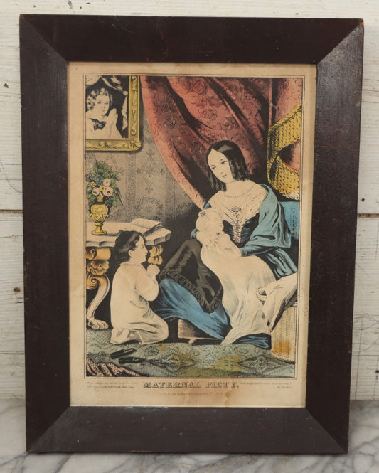 Lot 056 - Antique Hand-Colored Lithograph "Maternal Piety" By N. Currier, Young Mother With Baby And Child At Prayer, In Period Frame, 12-3/4" x 16-3/4"