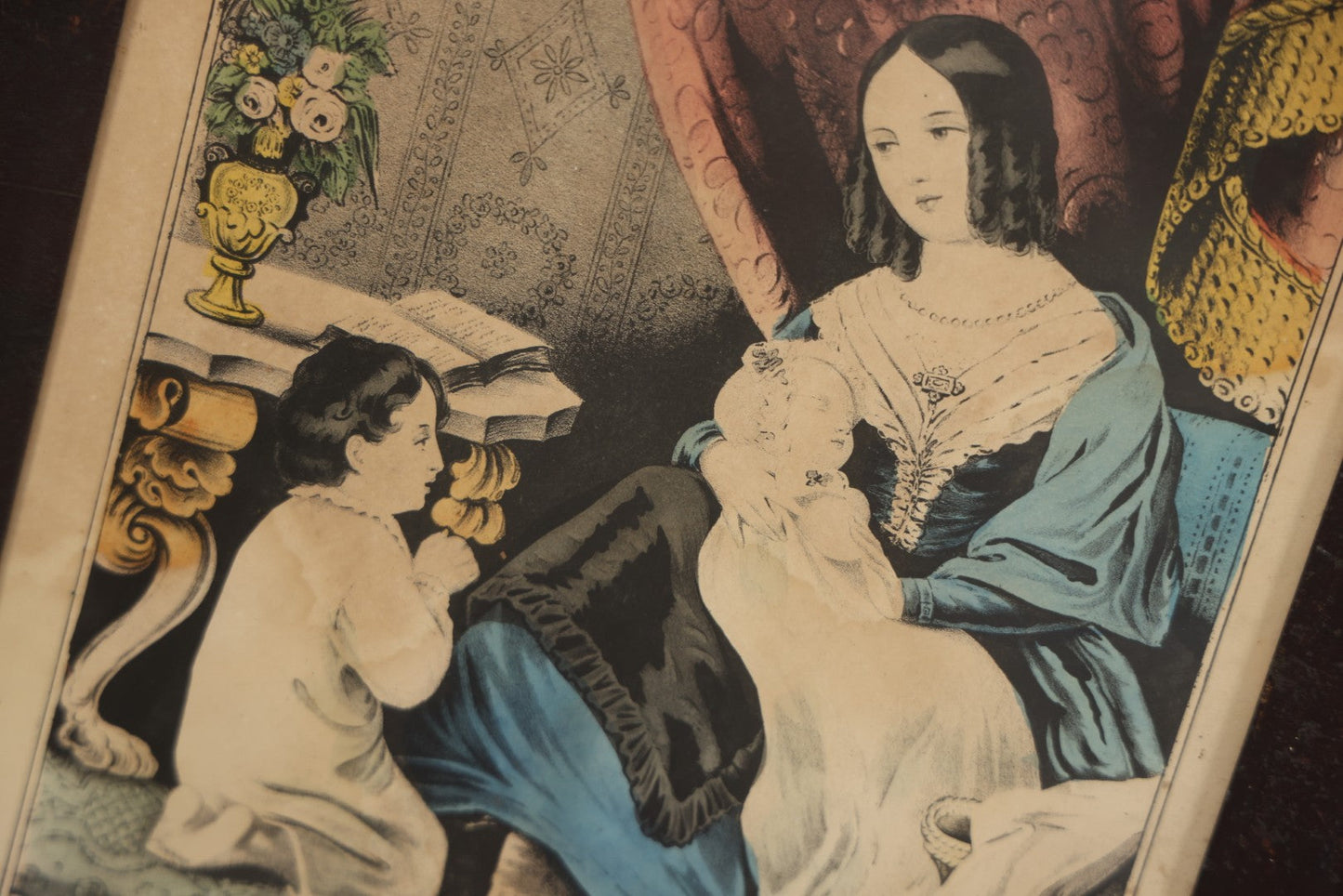 Lot 056 - Antique Hand-Colored Lithograph "Maternal Piety" By N. Currier, Young Mother With Baby And Child At Prayer, In Period Frame, 12-3/4" x 16-3/4"