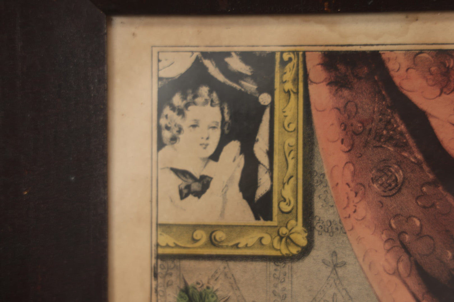 Lot 056 - Antique Hand-Colored Lithograph "Maternal Piety" By N. Currier, Young Mother With Baby And Child At Prayer, In Period Frame, 12-3/4" x 16-3/4"