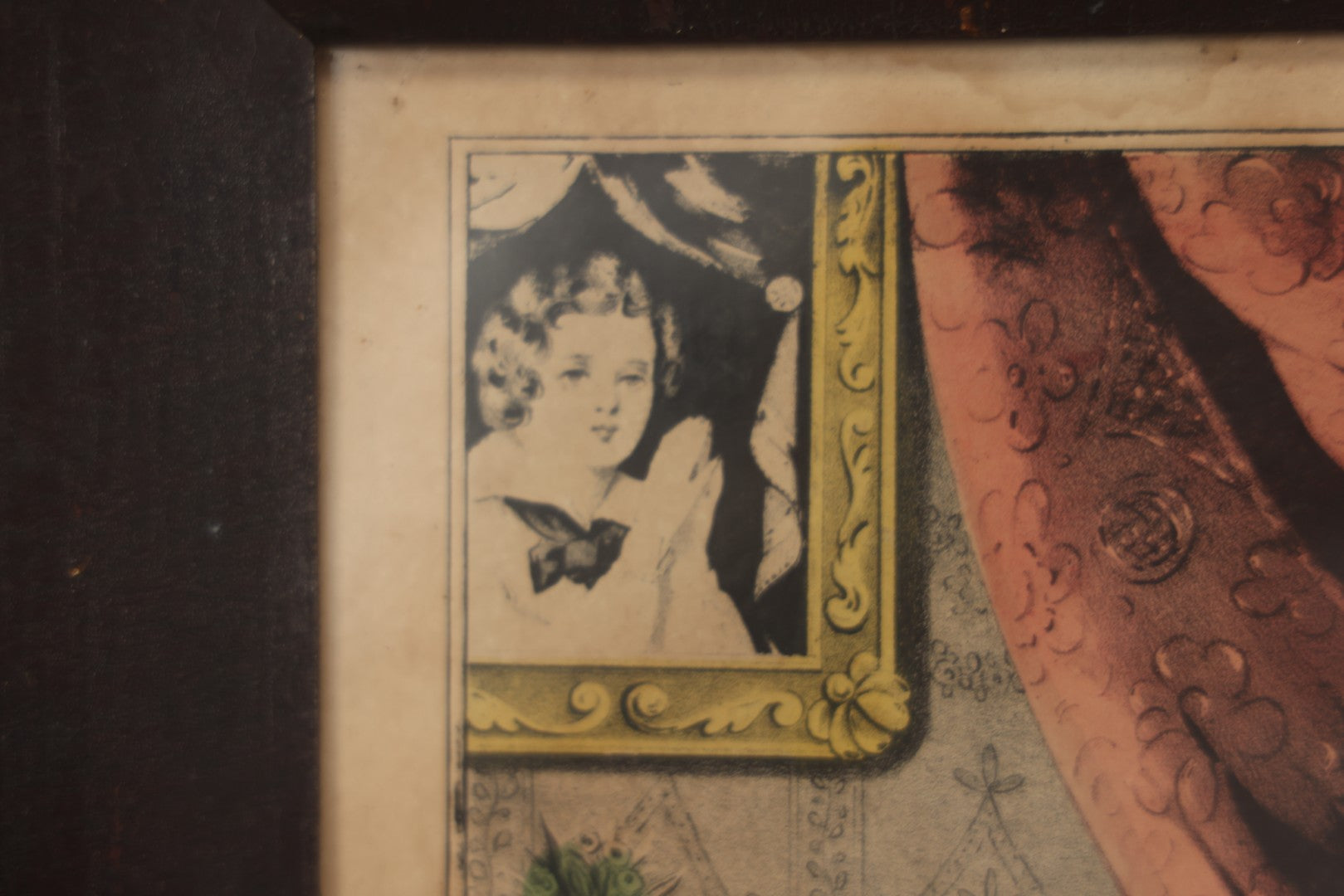 Lot 056 - Antique Hand-Colored Lithograph "Maternal Piety" By N. Currier, Young Mother With Baby And Child At Prayer, In Period Frame, 12-3/4" x 16-3/4"