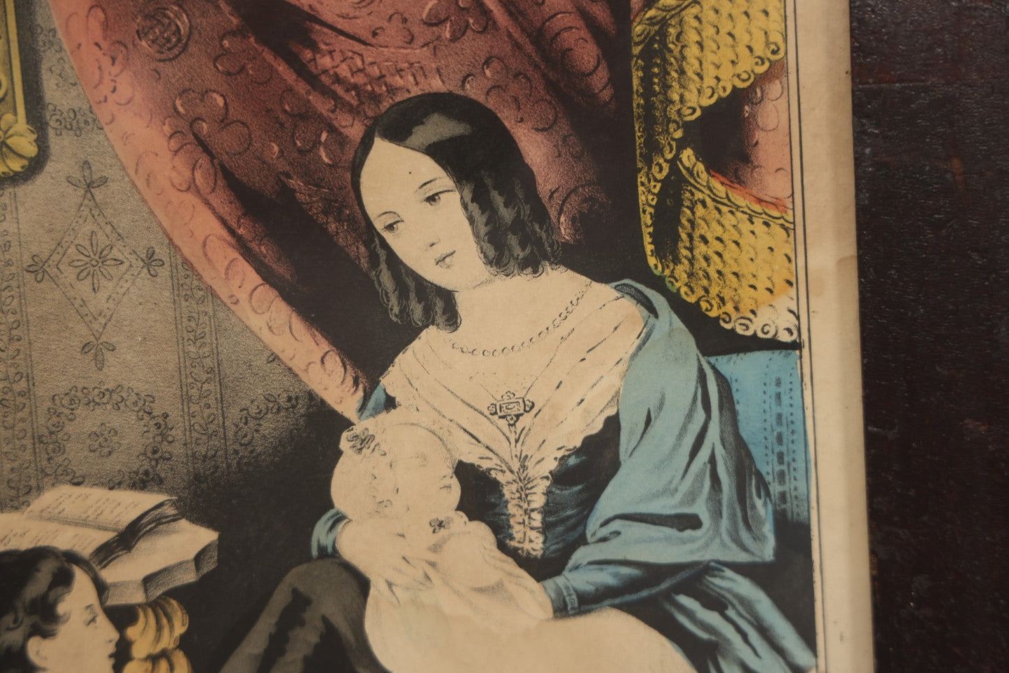 Lot 056 - Antique Hand-Colored Lithograph "Maternal Piety" By N. Currier, Young Mother With Baby And Child At Prayer, In Period Frame, 12-3/4" x 16-3/4"