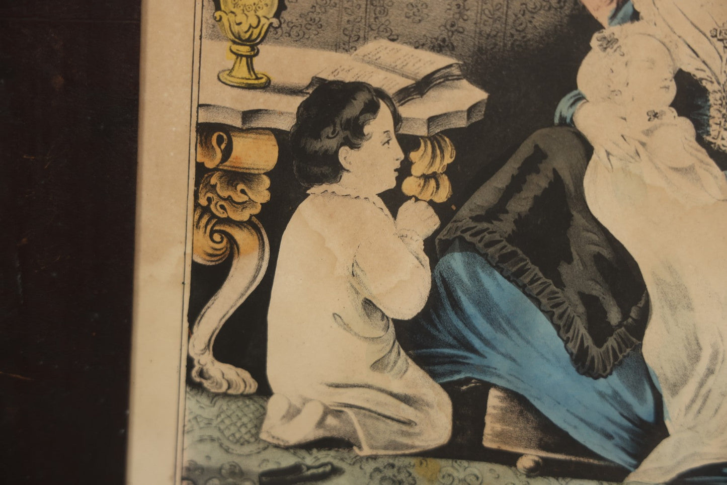 Lot 056 - Antique Hand-Colored Lithograph "Maternal Piety" By N. Currier, Young Mother With Baby And Child At Prayer, In Period Frame, 12-3/4" x 16-3/4"