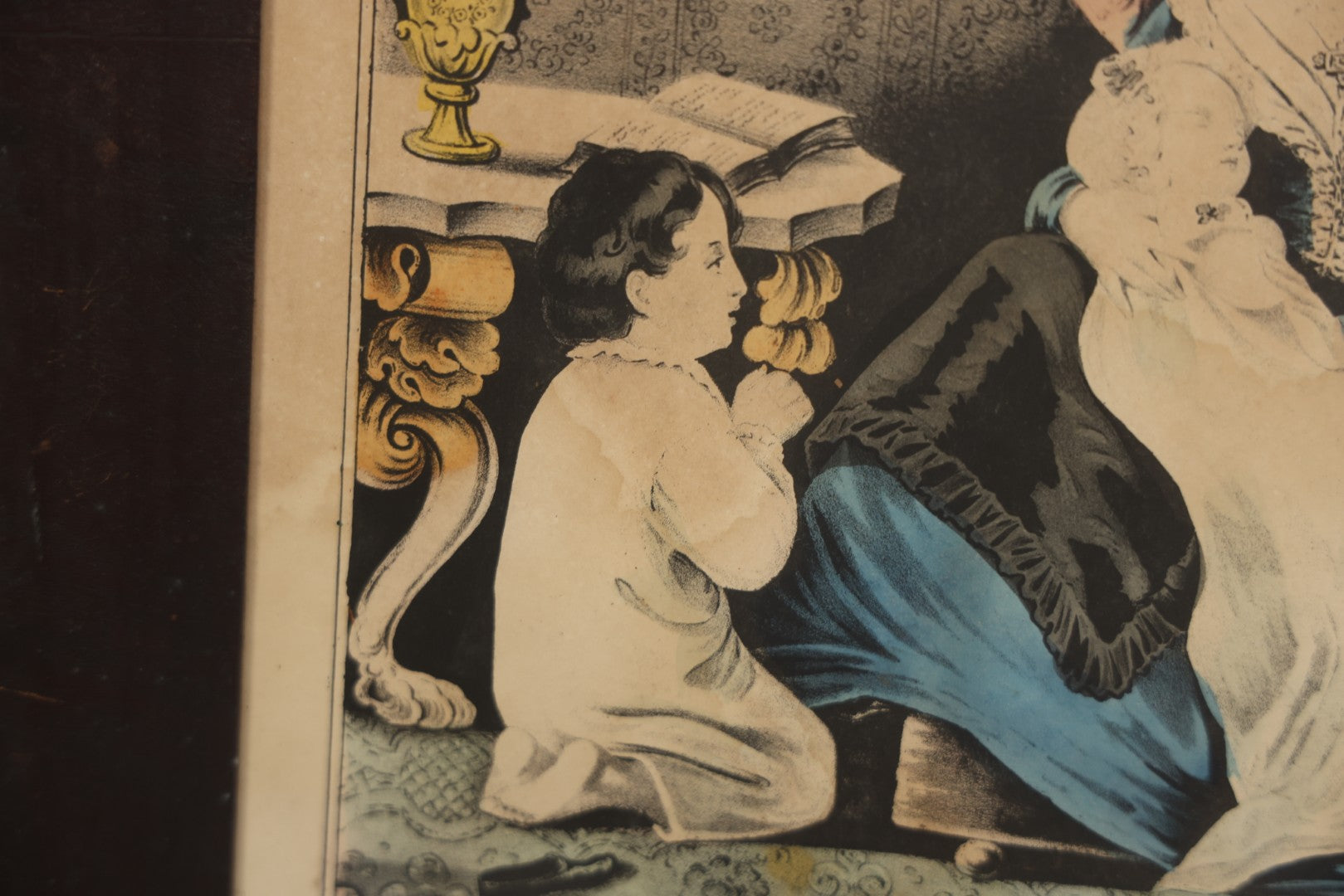 Lot 056 - Antique Hand-Colored Lithograph "Maternal Piety" By N. Currier, Young Mother With Baby And Child At Prayer, In Period Frame, 12-3/4" x 16-3/4"