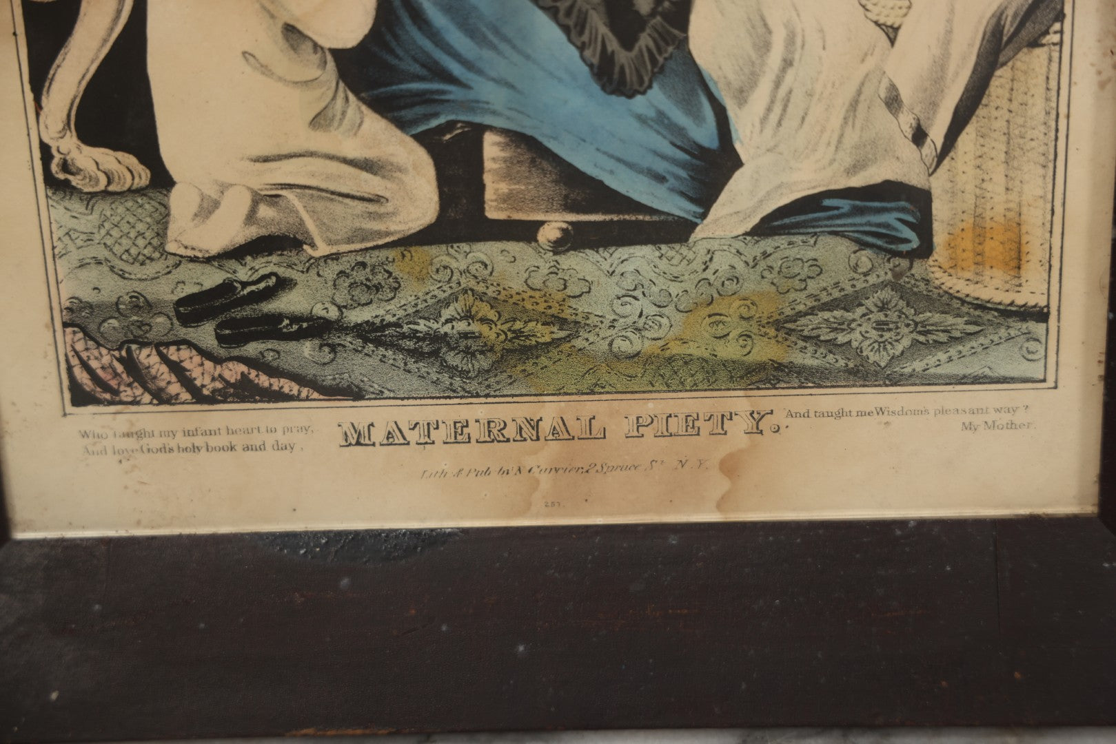 Lot 056 - Antique Hand-Colored Lithograph "Maternal Piety" By N. Currier, Young Mother With Baby And Child At Prayer, In Period Frame, 12-3/4" x 16-3/4"