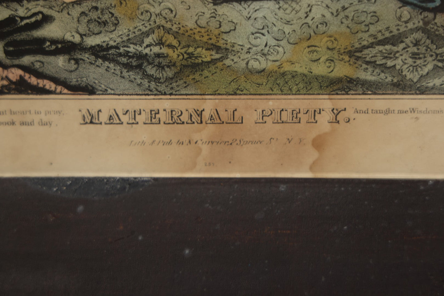 Lot 056 - Antique Hand-Colored Lithograph "Maternal Piety" By N. Currier, Young Mother With Baby And Child At Prayer, In Period Frame, 12-3/4" x 16-3/4"