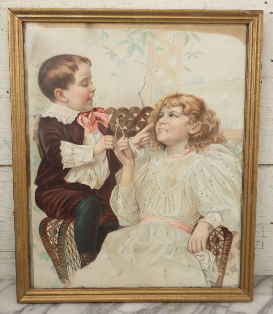 Lot 057 - Antique Chromolithograph "Now Pull Fair" Depicting Young Boy And Girl Smiling And Flirting While Pulling A Wishbone, Framed, 16" x 19-1/4"