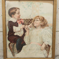 Lot 057 - Antique Chromolithograph "Now Pull Fair" Depicting Young Boy And Girl Smiling And Flirting While Pulling A Wishbone, Framed, 16" x 19-1/4"