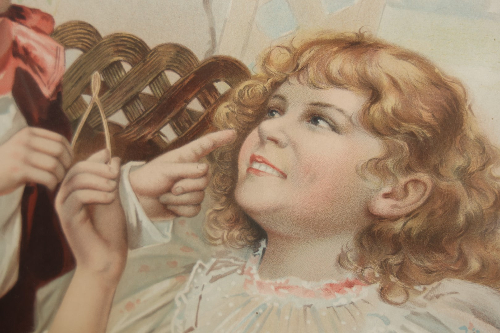 Lot 057 - Antique Chromolithograph "Now Pull Fair" Depicting Young Boy And Girl Smiling And Flirting While Pulling A Wishbone, Framed, 16" x 19-1/4"