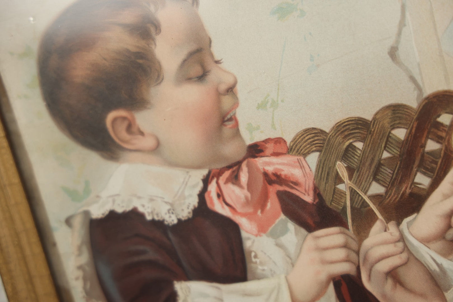 Lot 057 - Antique Chromolithograph "Now Pull Fair" Depicting Young Boy And Girl Smiling And Flirting While Pulling A Wishbone, Framed, 16" x 19-1/4"