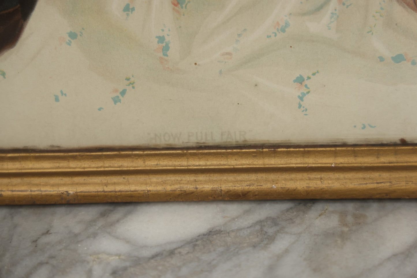 Lot 057 - Antique Chromolithograph "Now Pull Fair" Depicting Young Boy And Girl Smiling And Flirting While Pulling A Wishbone, Framed, 16" x 19-1/4"