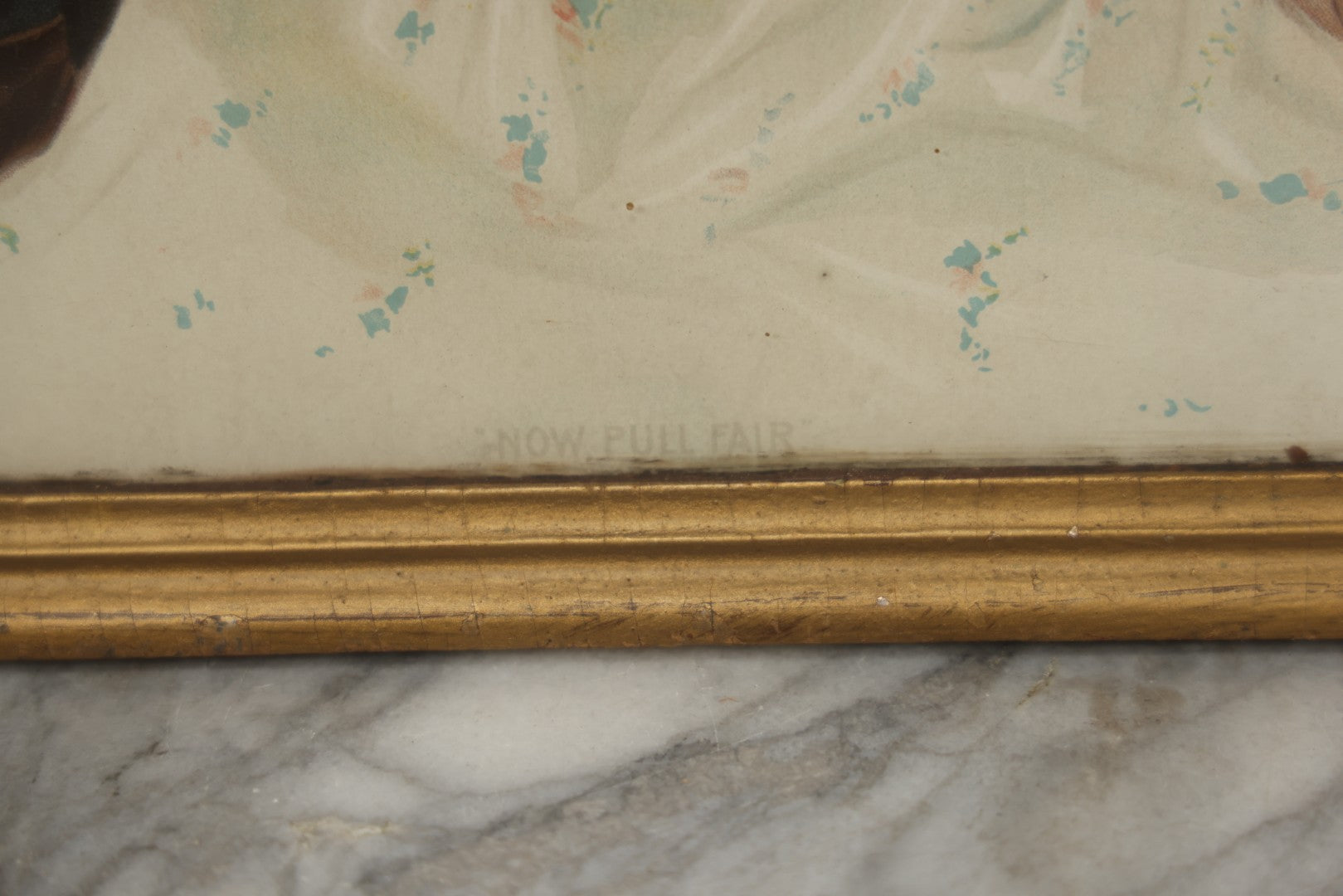 Lot 057 - Antique Chromolithograph "Now Pull Fair" Depicting Young Boy And Girl Smiling And Flirting While Pulling A Wishbone, Framed, 16" x 19-1/4"