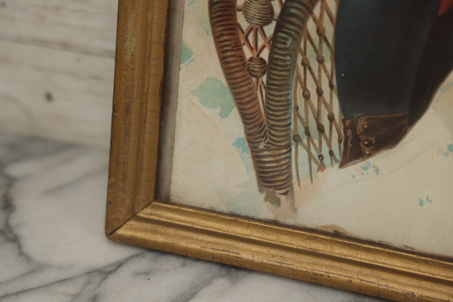 Lot 057 - Antique Chromolithograph "Now Pull Fair" Depicting Young Boy And Girl Smiling And Flirting While Pulling A Wishbone, Framed, 16" x 19-1/4"