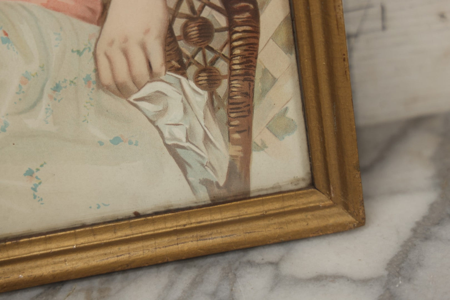 Lot 057 - Antique Chromolithograph "Now Pull Fair" Depicting Young Boy And Girl Smiling And Flirting While Pulling A Wishbone, Framed, 16" x 19-1/4"