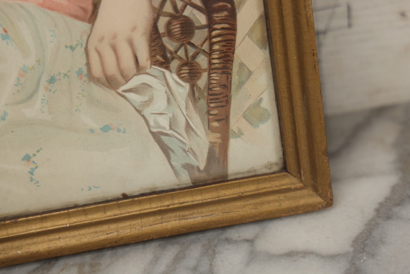 Lot 057 - Antique Chromolithograph "Now Pull Fair" Depicting Young Boy And Girl Smiling And Flirting While Pulling A Wishbone, Framed, 16" x 19-1/4"