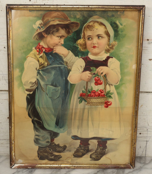 Lot 058 - Antique Chromolithograph Of Young Boy And Girl, Girl Holding Basket Of Cherries And Boy Sucking Thumb, Framed, 14-5/8" x 18-5/8"