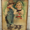 Lot 058 - Antique Chromolithograph Of Young Boy And Girl, Girl Holding Basket Of Cherries And Boy Sucking Thumb, Framed, 14-5/8" x 18-5/8"