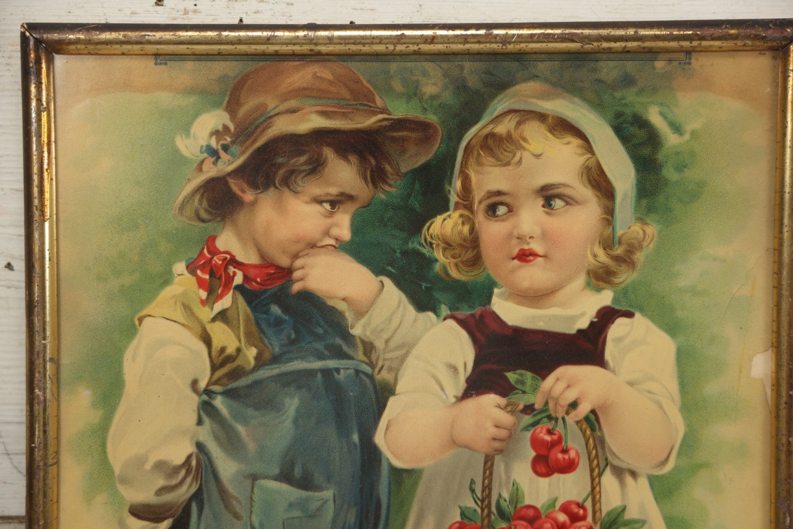 Lot 058 - Antique Chromolithograph Of Young Boy And Girl, Girl Holding Basket Of Cherries And Boy Sucking Thumb, Framed, 14-5/8" x 18-5/8"