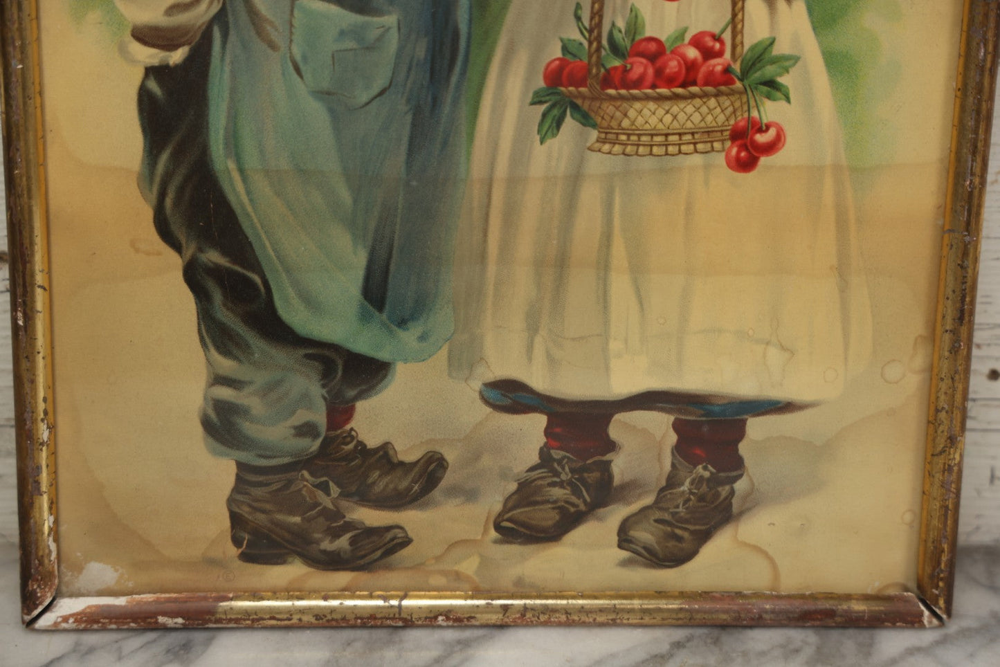 Lot 058 - Antique Chromolithograph Of Young Boy And Girl, Girl Holding Basket Of Cherries And Boy Sucking Thumb, Framed, 14-5/8" x 18-5/8"