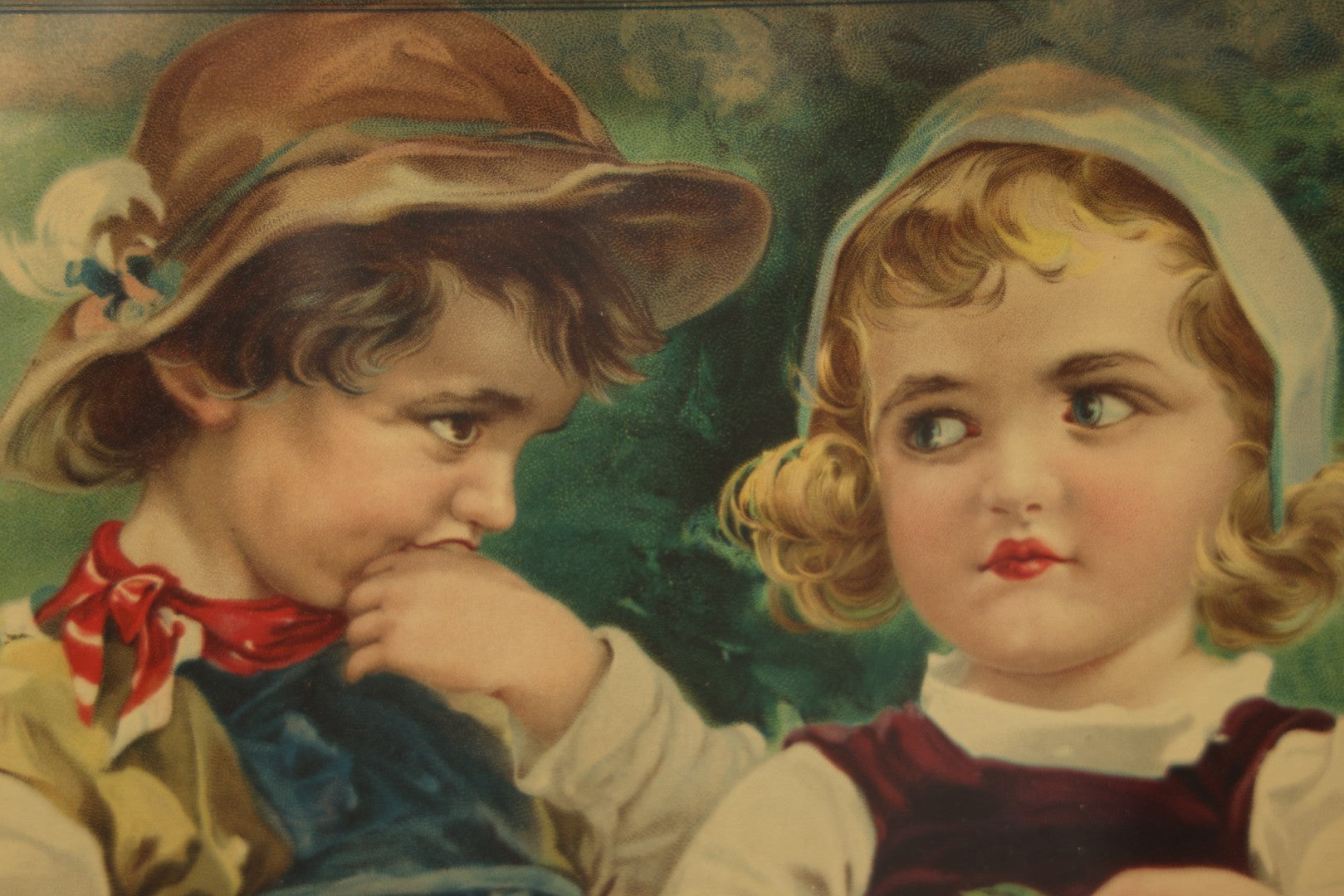 Lot 058 - Antique Chromolithograph Of Young Boy And Girl, Girl Holding Basket Of Cherries And Boy Sucking Thumb, Framed, 14-5/8" x 18-5/8"